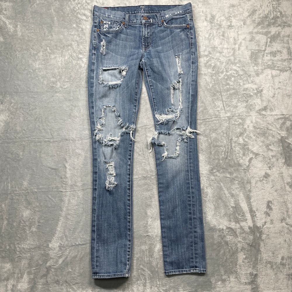 7 For All Mankind Skinny Jeans Womens 27 Blue Distressed Shredded Slim Fit Denim
